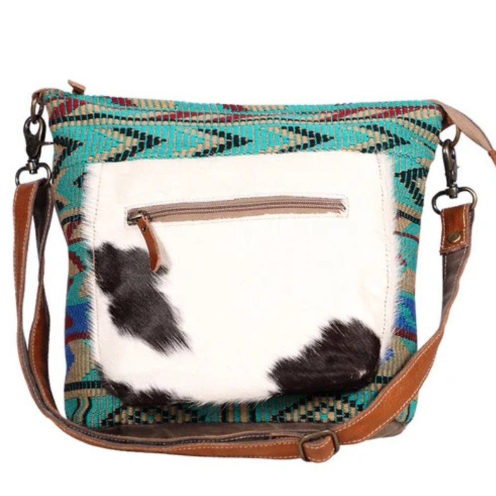 MYRA BAG Wanderer Western Teal Kilim Print Leather Cowhide Crossbody‎ Bag NWT